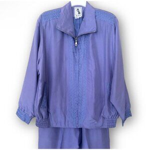 Vintage Purple Silk Track Suit Women XL Jacket Pants Embroidered 1980s 90s